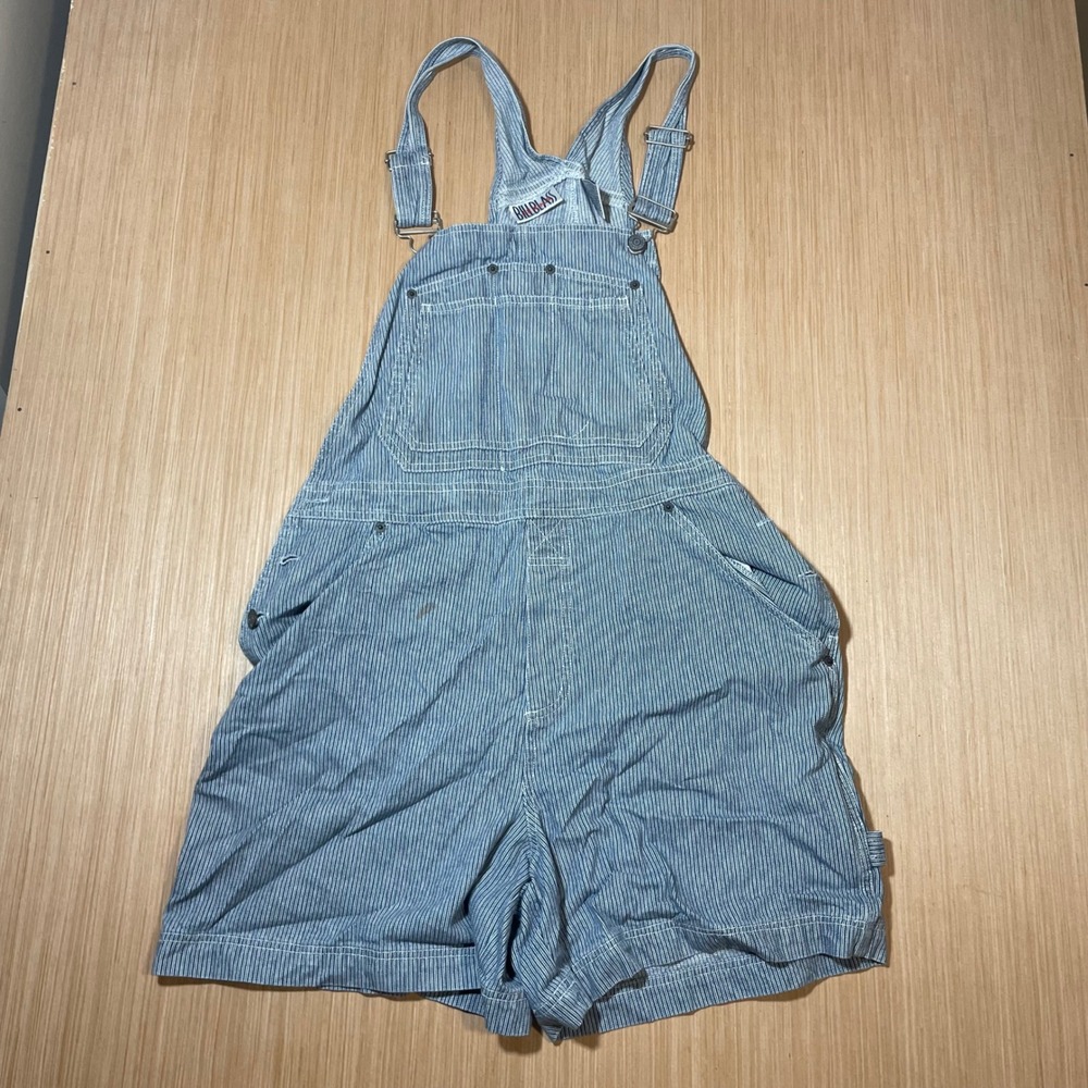 Bill Blass Shortalls Women Hickory Stripe Denim Blue White Vintage L